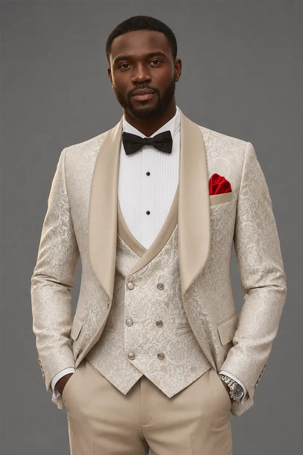 Aurelian Opus - Champagne Gold Jacquard 3-Piece Tuxedo