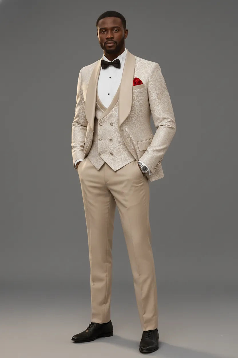 Aurelian Opus - Champagne Gold Jacquard 3-Piece Tuxedo