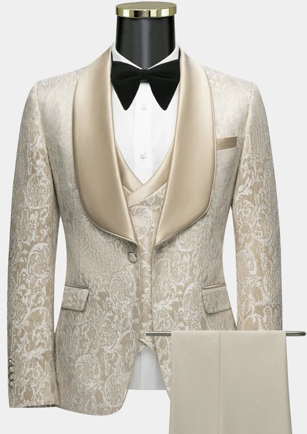 Men's 2-Piece Fashion Silver Peony Jacquard Black Tuxedo
