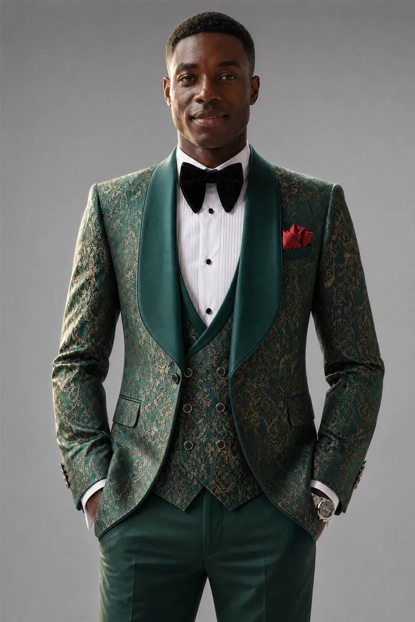 Emerald Opus - Emerald Green Jacquard 3-Piece Tuxedo