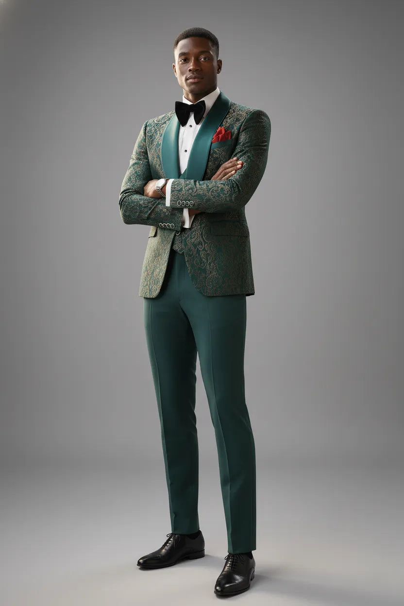 Emerald Opus - Emerald Green Jacquard 3-Piece Tuxedo