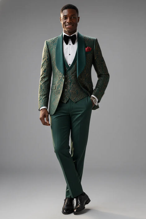 Emerald Opus - Emerald Green Jacquard 3-Piece Tuxedo