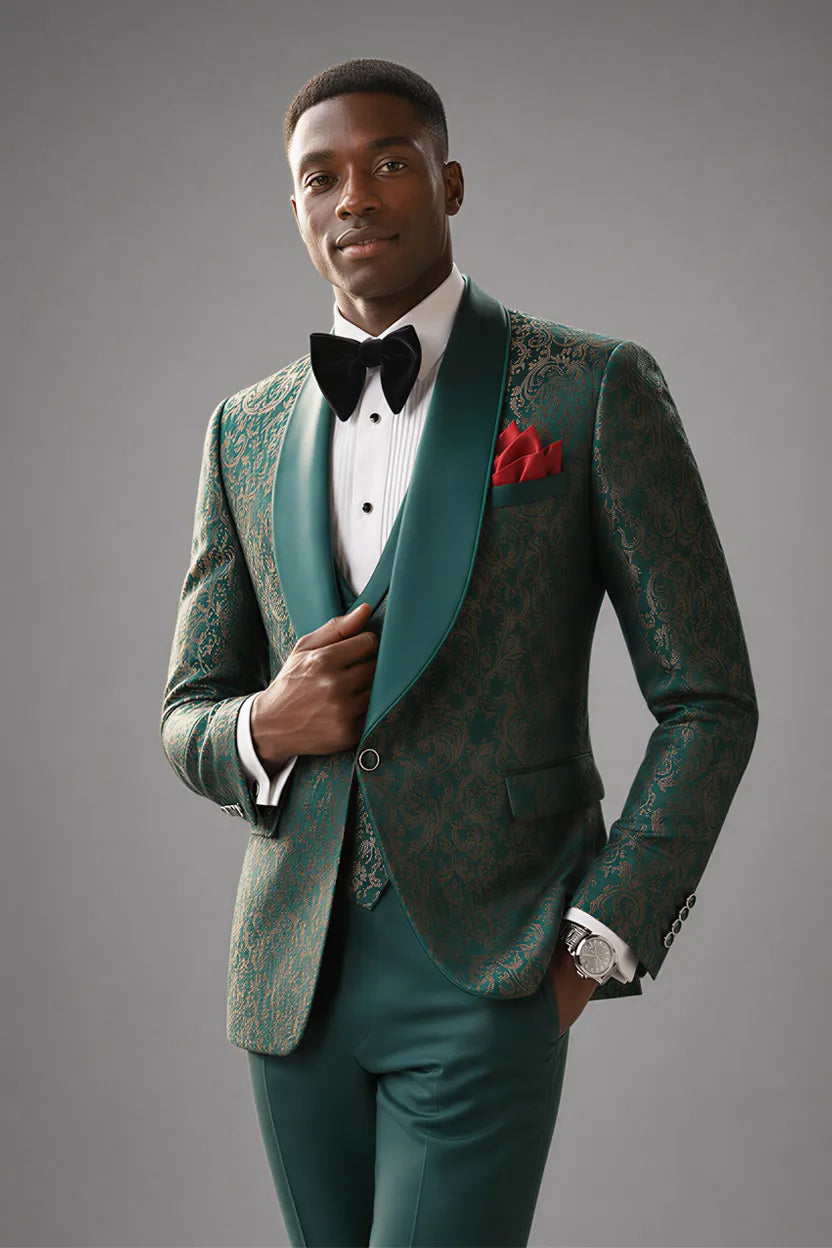 Emerald Opus - Emerald Green Jacquard 3-Piece Tuxedo