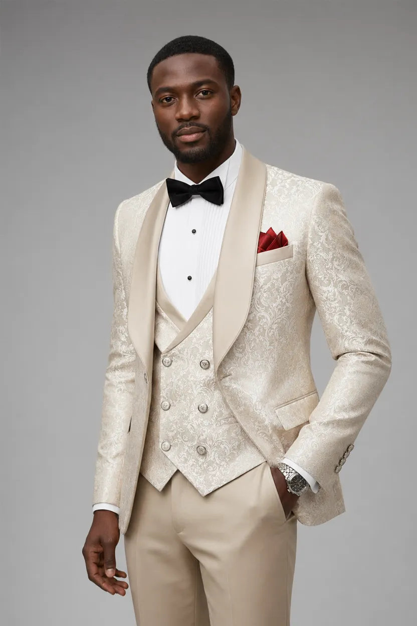 Aurelian Opus - Champagne Gold Jacquard 3-Piece Tuxedo