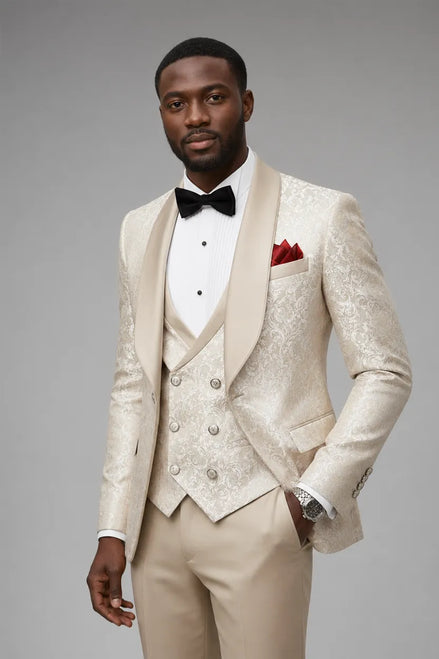 Aurelian Opus - Champagne Gold Jacquard 3-Piece Tuxedo