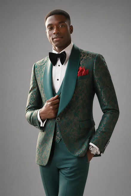 Emerald Opus - Emerald Green Jacquard 3-Piece Tuxedo