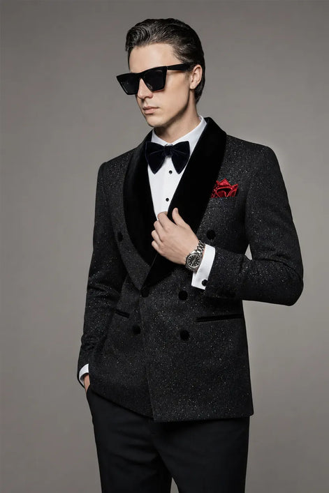 The Midnight Nebula - Black Stardust & Velvet Double-Breasted 2-Piece Tuxedo Set