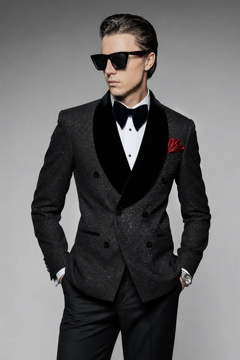 The Midnight Nebula - Black Stardust & Velvet Double-Breasted 2-Piece Tuxedo Set