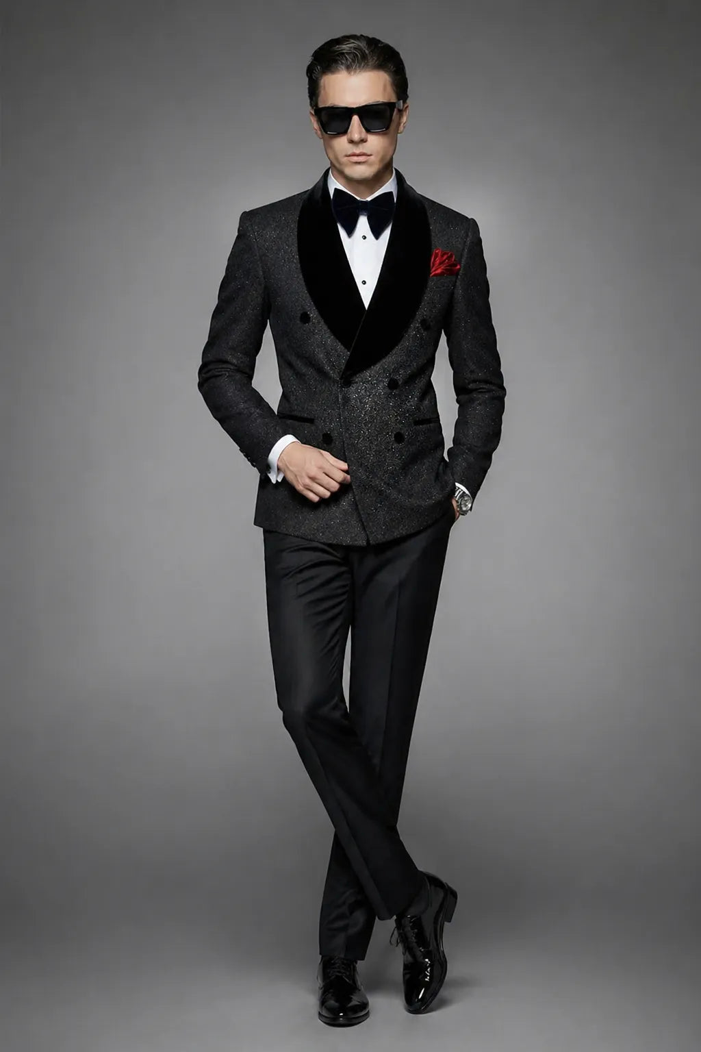 The Midnight Nebula - Black Stardust & Velvet Double-Breasted 2-Piece Tuxedo Set