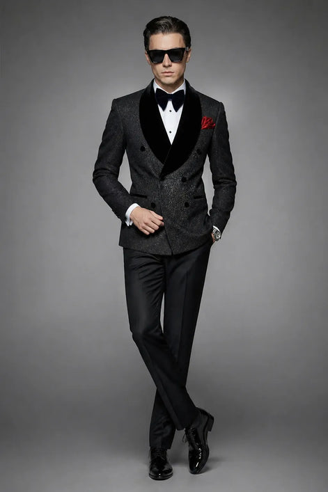 The Midnight Nebula - Black Stardust & Velvet Double-Breasted 2-Piece Tuxedo Set