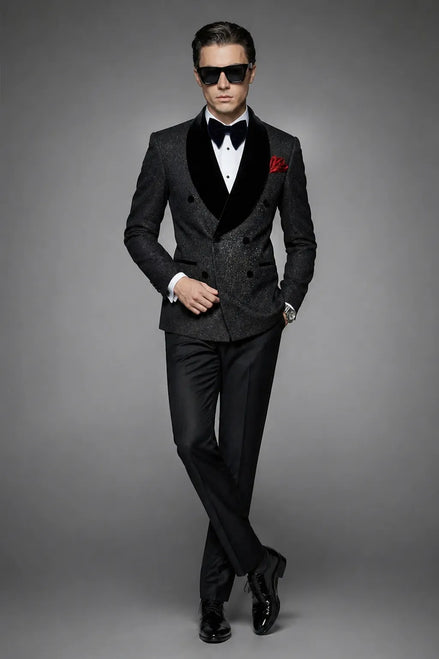 The Midnight Nebula - Black Stardust & Velvet Double-Breasted 2-Piece Tuxedo Set