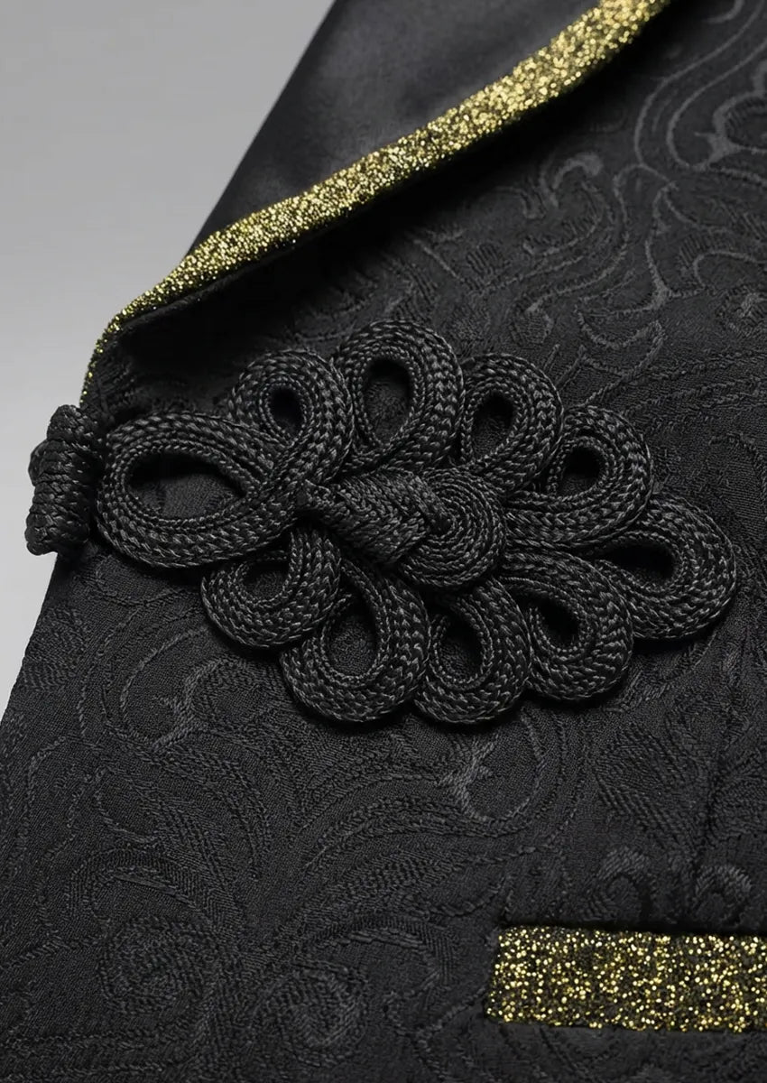 Obsidian Gilt - Black Damask Gold Trim 3-Piece Tuxedo - Nevo Suits