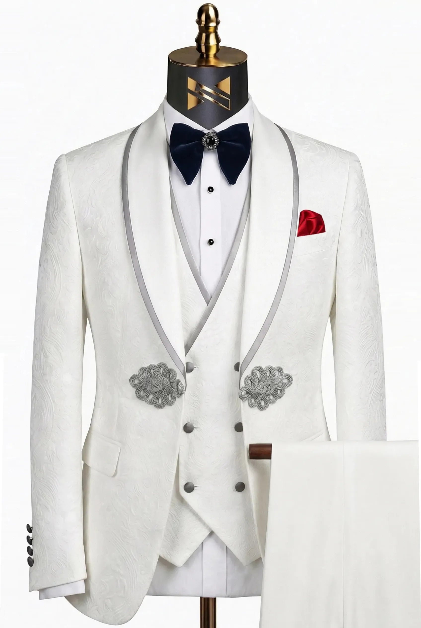 Oracle Emblem - White Silver Jacquard Shawl 3-Piece Tuxedo