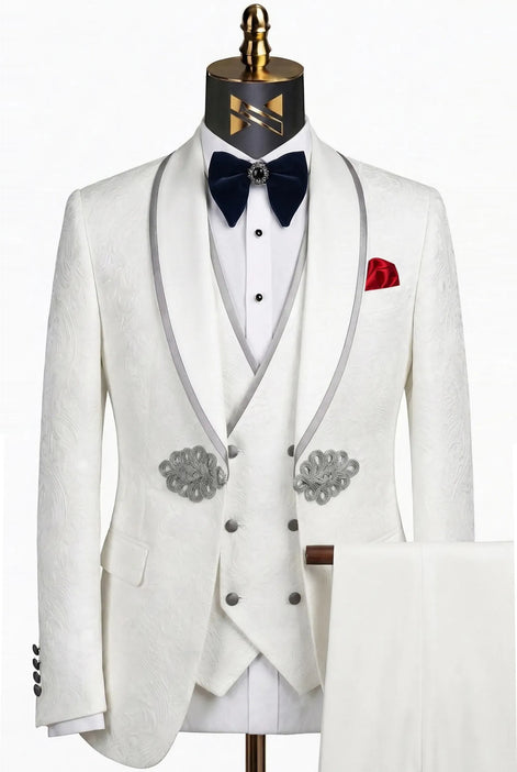Oracle Emblem - White Silver Jacquard Shawl 3-Piece Tuxedo