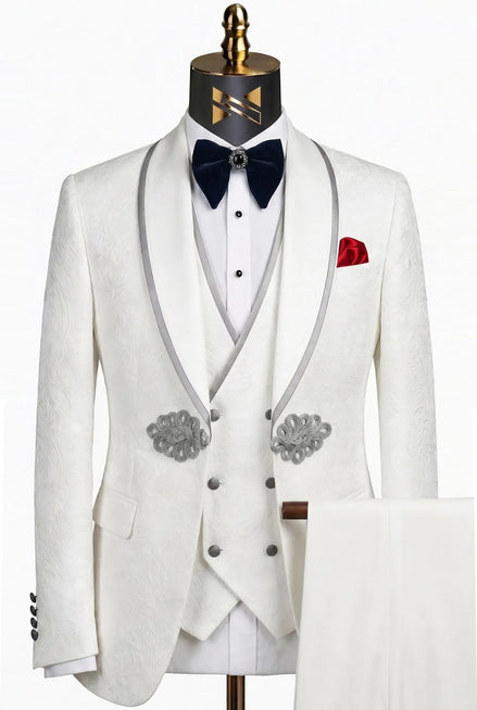 Oracle Emblem - White Silver Jacquard Shawl 3-Piece Tuxedo