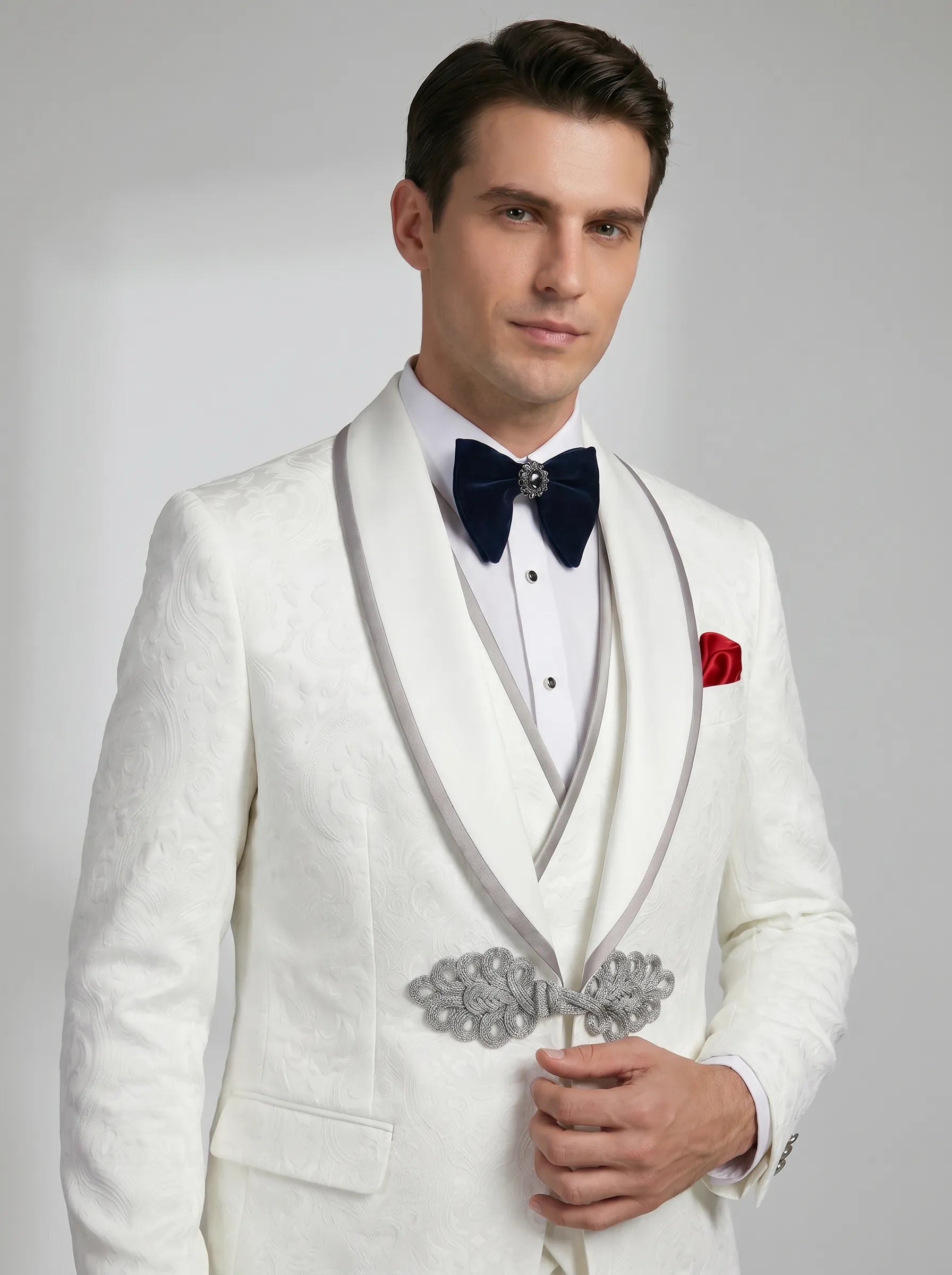 Oracle Emblem - White Silver Jacquard Shawl 3-Piece Tuxedo