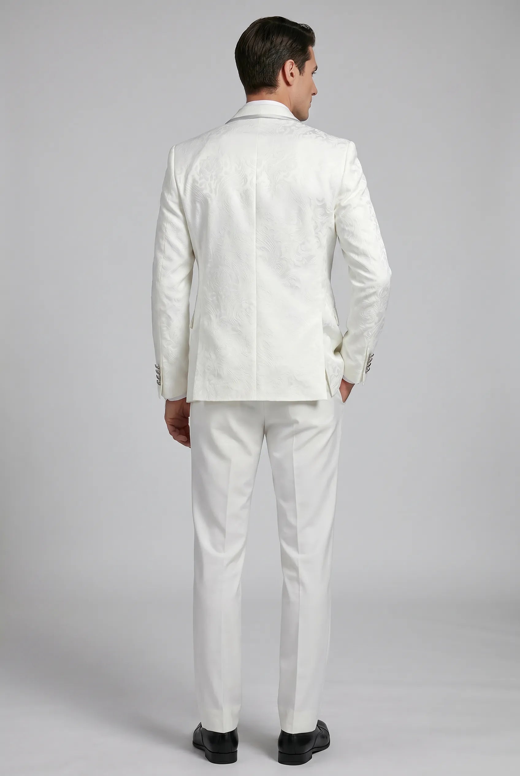 Oracle Emblem - White Silver Jacquard Shawl 3-Piece Tuxedo