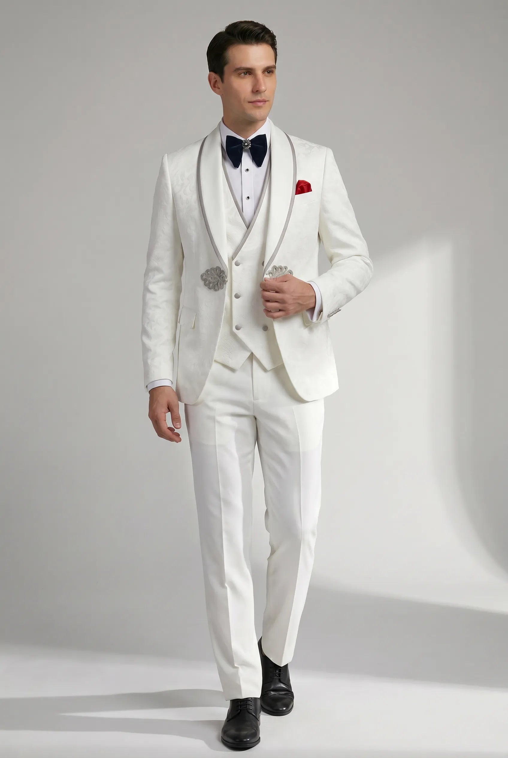 Oracle Emblem - White Silver Jacquard Shawl 3-Piece Tuxedo