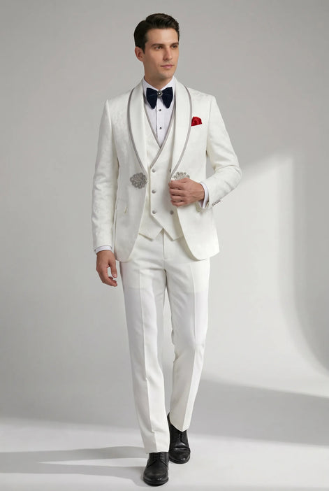 Oracle Emblem - White Silver Jacquard Shawl 3-Piece Tuxedo