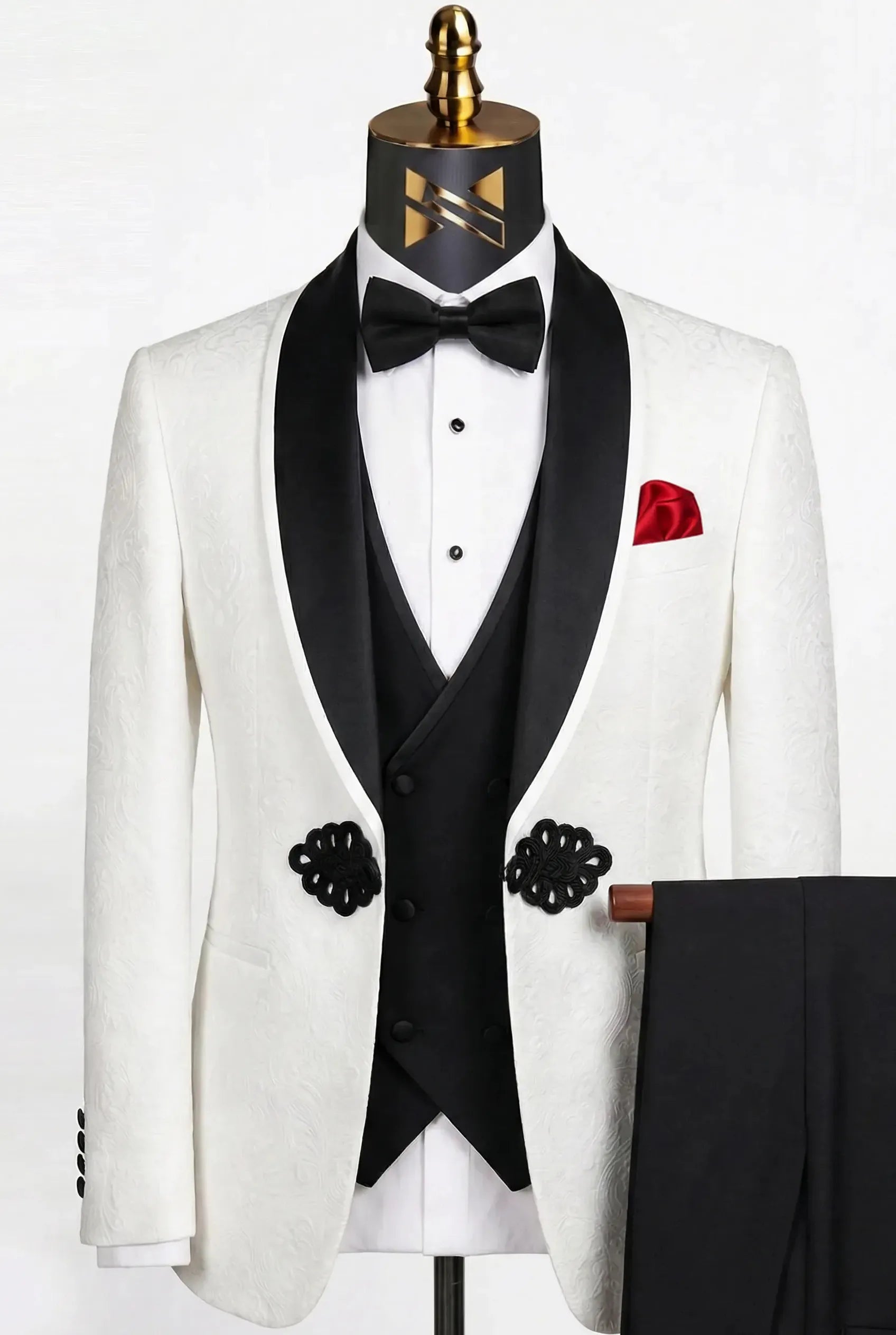 Regent Emblem - White & Black Jacquard Shawl 3-Piece Tuxedo