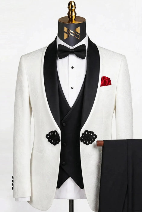 Regent Emblem - White & Black Jacquard Shawl 3-Piece Tuxedo