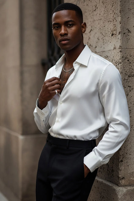 Front view - White Silk Satin Long Sleeve Shirt - Nevo Suits
