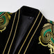 Close up of black velvet stand collar with gold rope trim details
