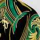 Close up of green and gold shoulder embroidery on black velvet
