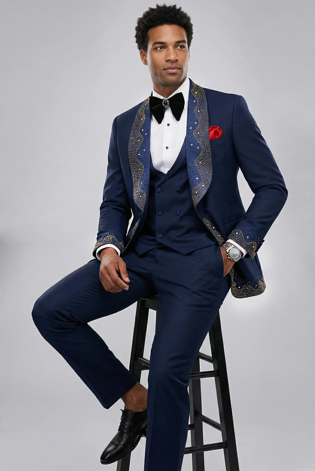Stellar Nebula - Navy & Gold Crystal Shawl 3-Piece Tuxedo
