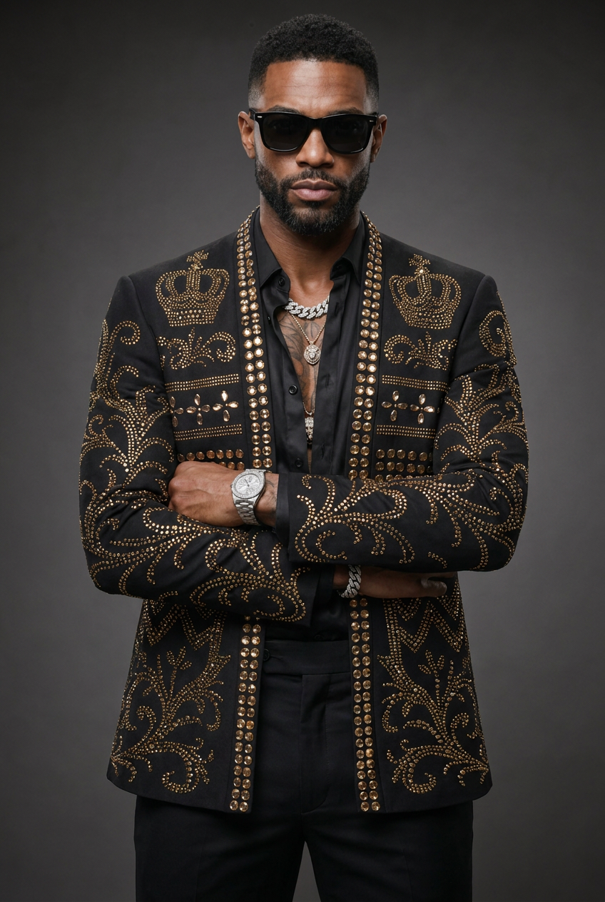 Diadem Pharaoh black dinner jacket with gold crown and scrolling crystal detailing - product view 04