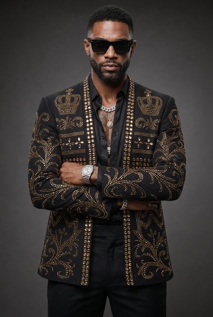 Diadem Pharaoh black dinner jacket with gold crown and scrolling crystal detailing - product view 04