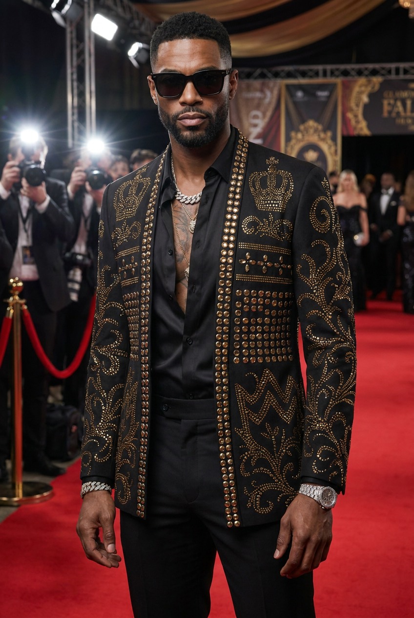 Diadem Pharaoh black dinner jacket with gold crown and scrolling crystal detailing - product view 10