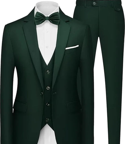 Men's Stylish Dark Green 3-Piece Suit One Button Closure Notched Lapel