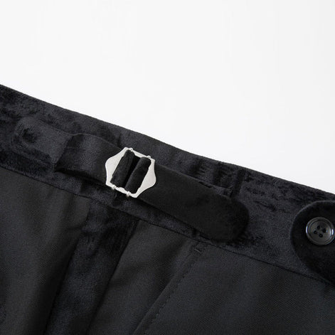 Black tuxedo trousers with velvet waistband and side adjusters detail