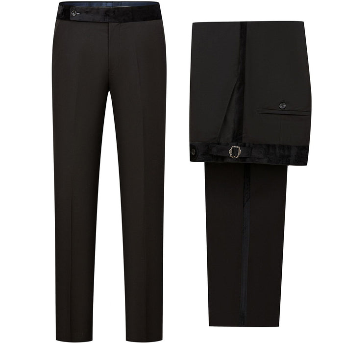 Black tuxedo trousers with velvet waistband and metallic side adjusters detail