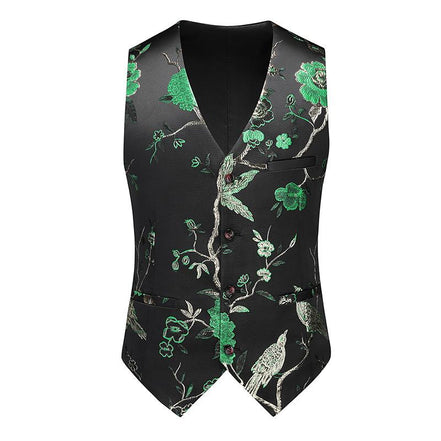 Men's 3-Piece Forest Green Tuxedo Embroided Bird and Flower