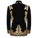 Back view of black velvet tuxedo jacket with gold leaf embroidery detail
