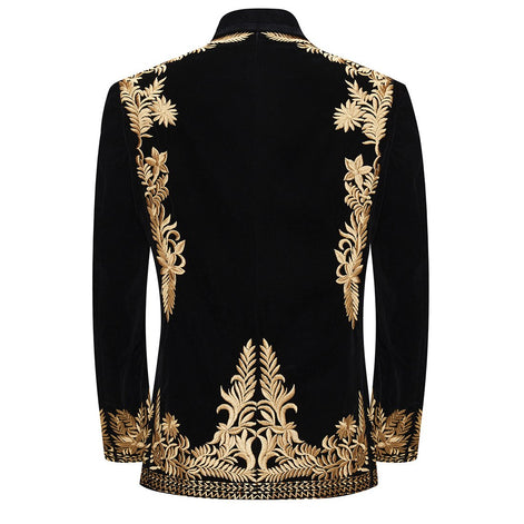 Back view of black velvet tuxedo jacket with gold leaf embroidery detail
