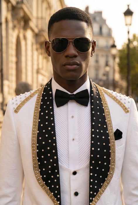 Platinum Imperial - White Gold Rose Jacquard Shawl 3-Piece Tuxedo