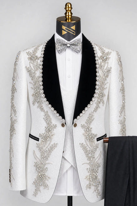 Diamond Empyrean - White Jacquard & Heavy Crystal 3-Piece Tuxedo