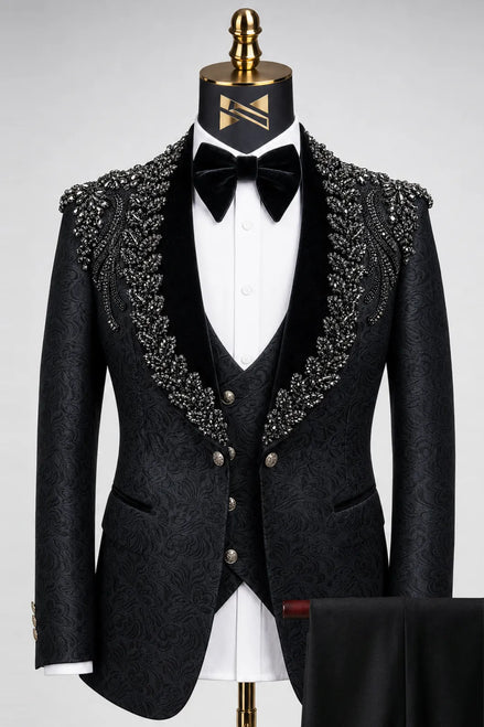 Jet Zenith - Black Jacquard & Heavy Crystal 3-Piece Tuxedo