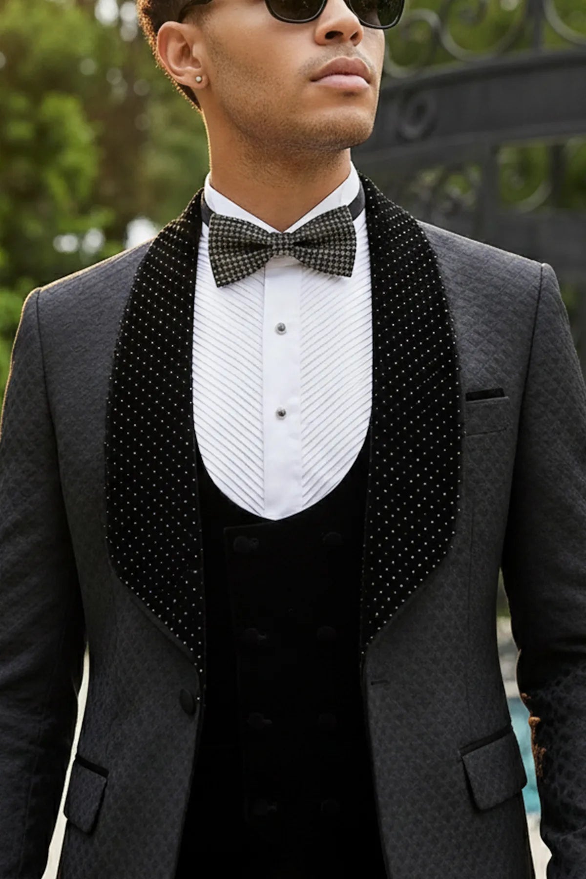 The Onyx Royale - Black 3D Jacquard & Velvet Contrast Tuxedo Set