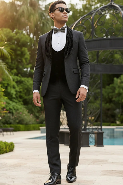 The Onyx Royale - Black 3D Jacquard & Velvet Contrast Tuxedo Set
