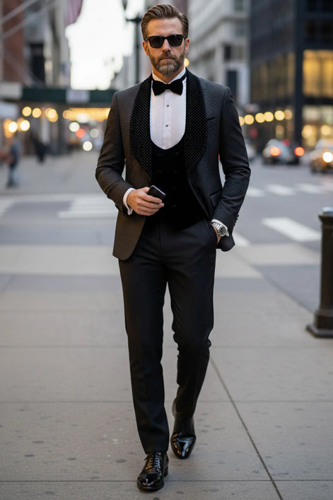 The Onyx Royale - Black 3D Jacquard & Velvet Contrast Tuxedo Set