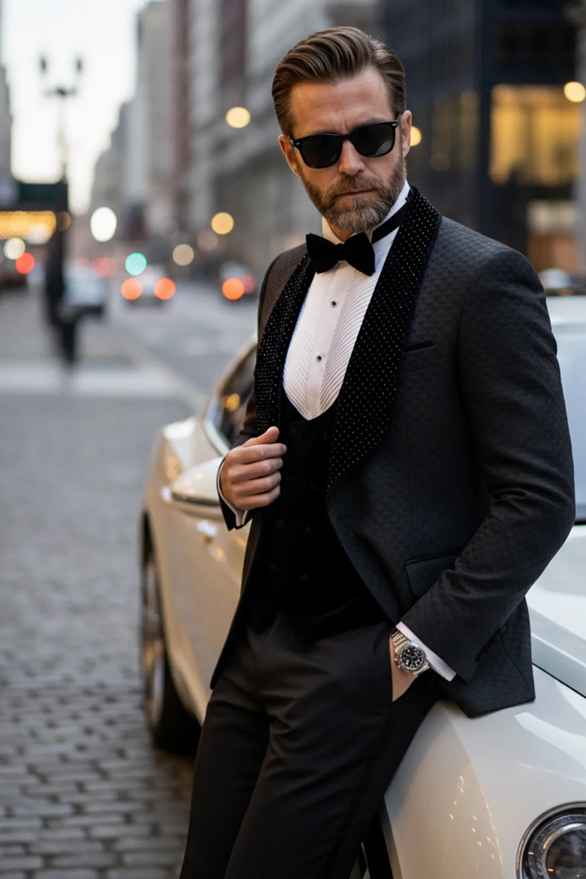 Man wearing The Onyx Royale black 3D diamond jacquard tuxedo with velvet lapel for prom - Nevo Suits