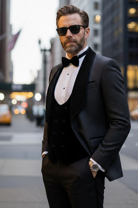 The Onyx Royale - Black 3D Jacquard & Velvet Contrast Tuxedo Set