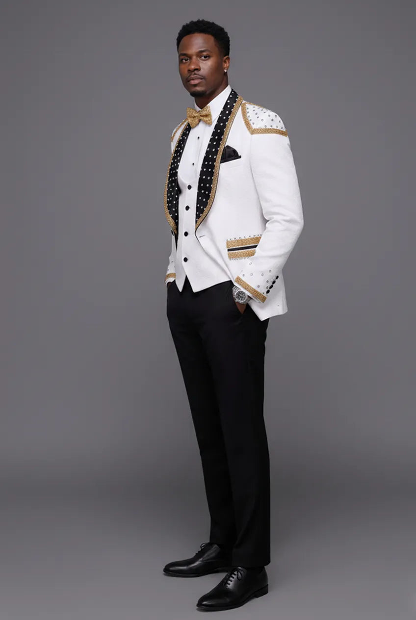 Platinum Imperial - White Gold Rose Jacquard Shawl 3-Piece Tuxedo