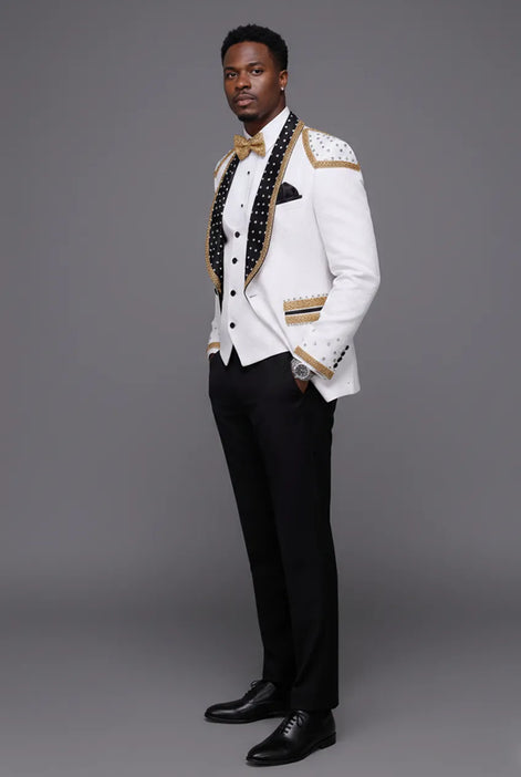 Platinum Imperial - White Gold Rose Jacquard Shawl 3-Piece Tuxedo