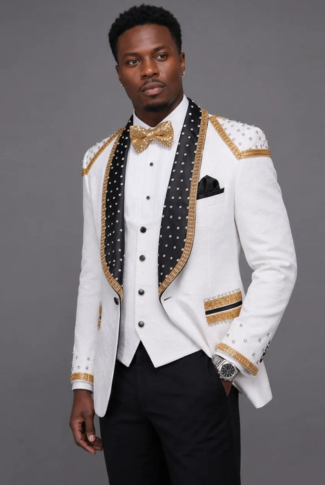 Platinum Imperial - White Gold Rose Jacquard Shawl 3-Piece Tuxedo