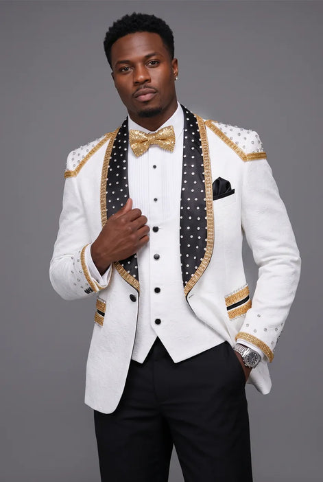 Platinum Imperial - White Gold Rose Jacquard Shawl 3-Piece Tuxedo